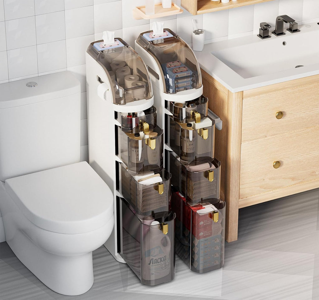 4-Tier Plastic Narrow Slim Storage Cabinet with Clear Drawers and Wheels Z828267