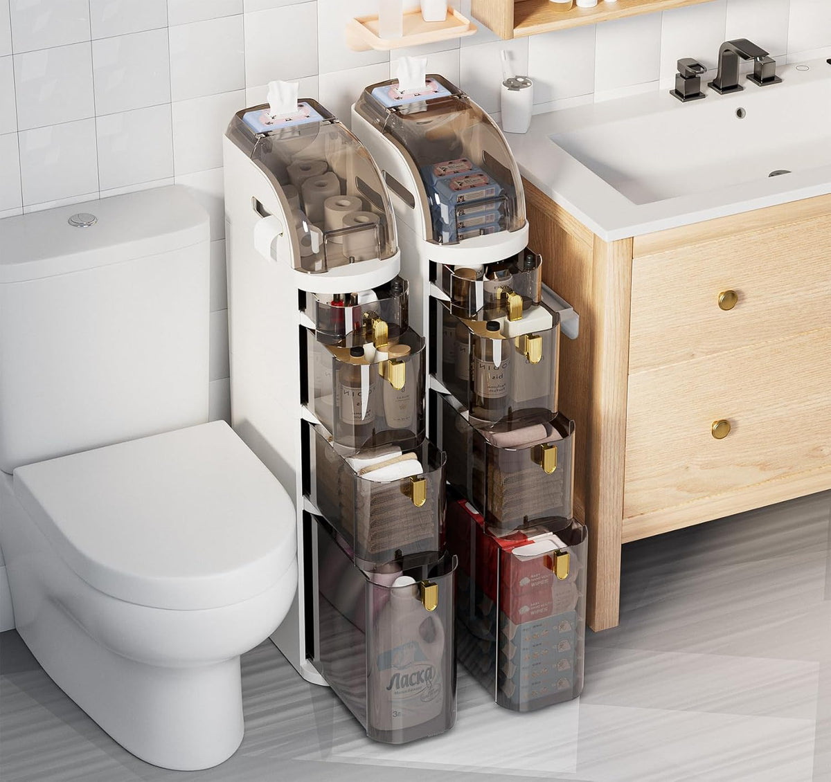 4-Tier Plastic Narrow Slim Storage Cabinet with Clear Drawers and Wheels Z828267
