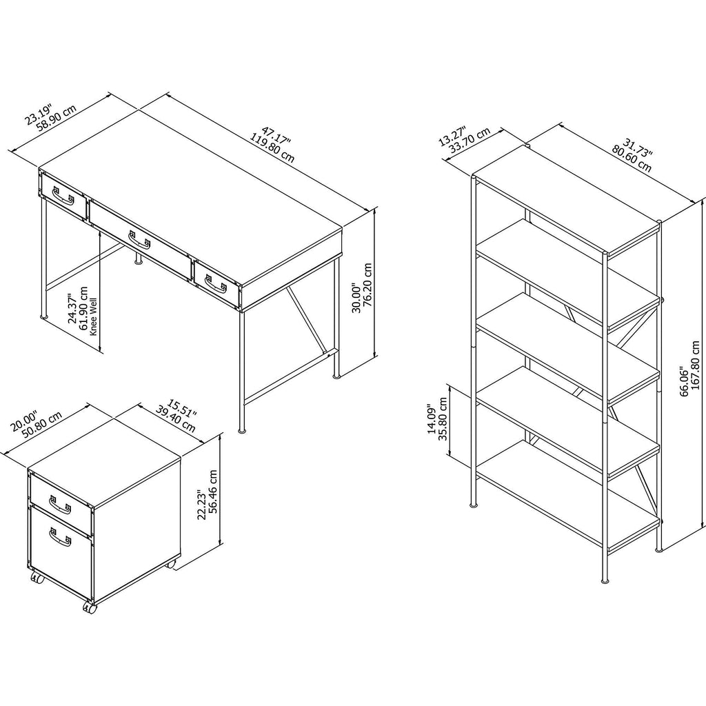 48W Writing Desk with Mobile File Cabinet and Bookcase T123