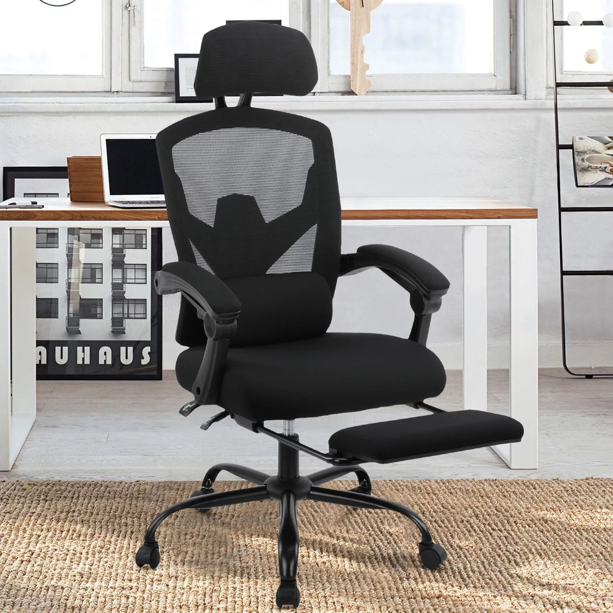 Black Ergonomic Mesh Office Chair with Footrest and Head Support K551403