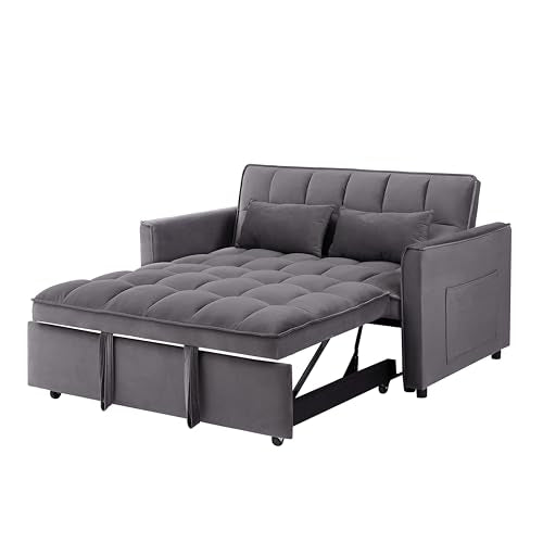 55.1" Blue Velvet Convertible Double Sleeper Sofa Bed L60489