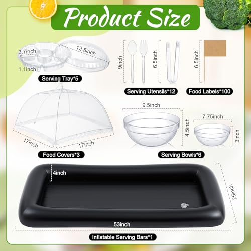 128 Pcs Inflatable Cooler with 2 Serving Bars, Food Cover, Salad Bowl, Utensils, Appetizer Tray, 100 Labels O4836