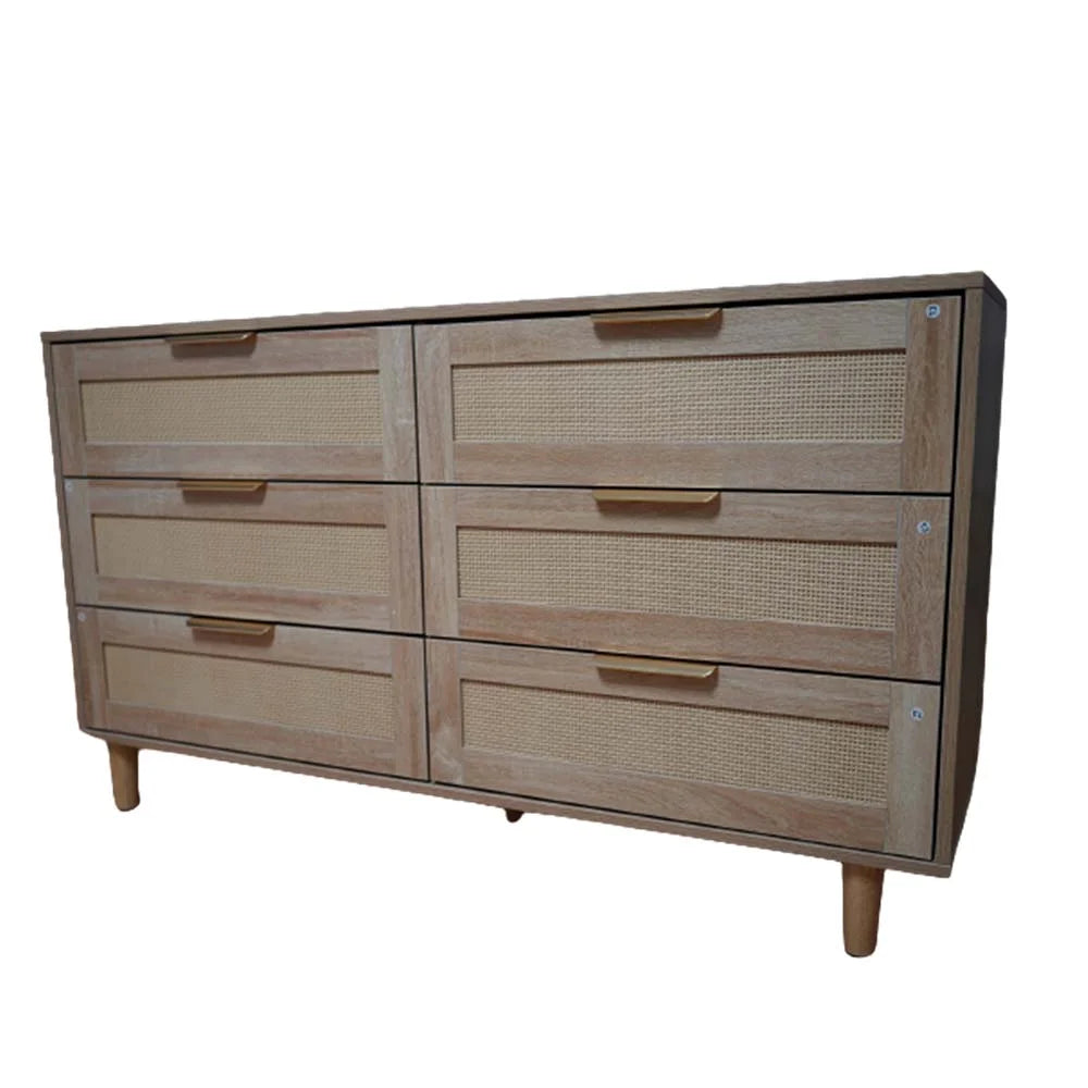 6 Drawer Natural Wood Dresser with Gold Handles J839