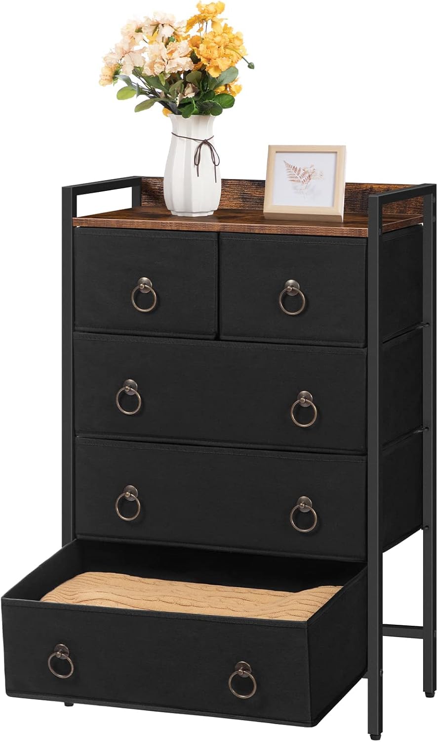 5 Drawer Dresser with Steel Frame and Wood Top R164364