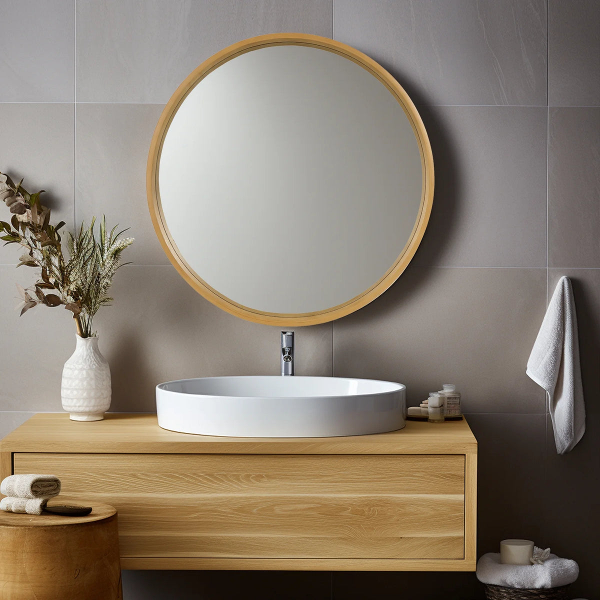 Round Wood Frame Wall Mounted Mirror 24" Y4116