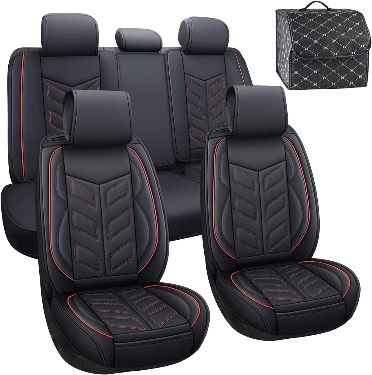 Waterproof Faux Leather Car Seat Covers Full Set Black Red Q59430