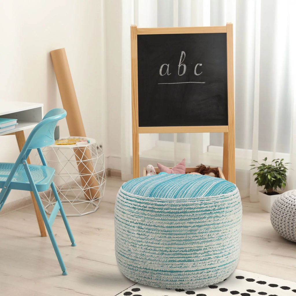 Aqua Blue and White Distressed Round Pouf Ottoman L69191