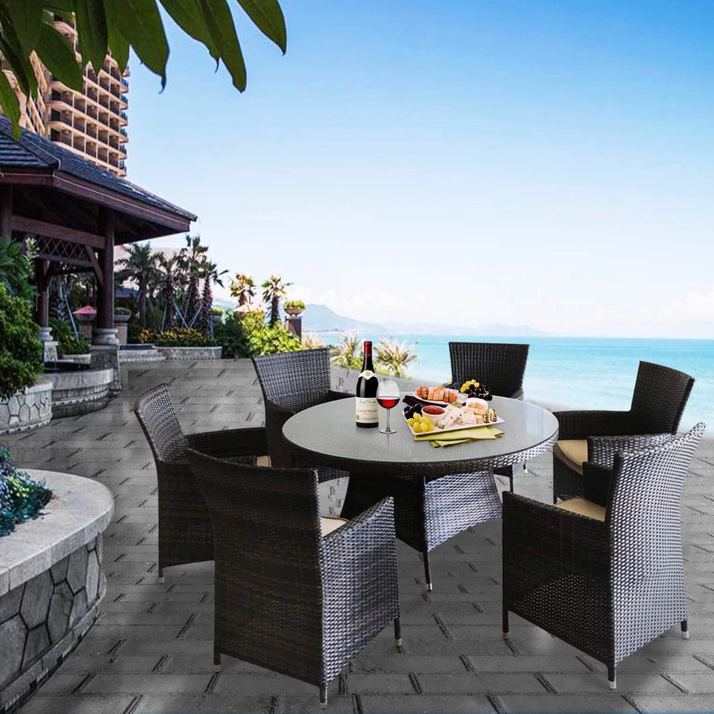 7 Pcs Wicker Patio Dining Set with Umbrella Hole Z2614