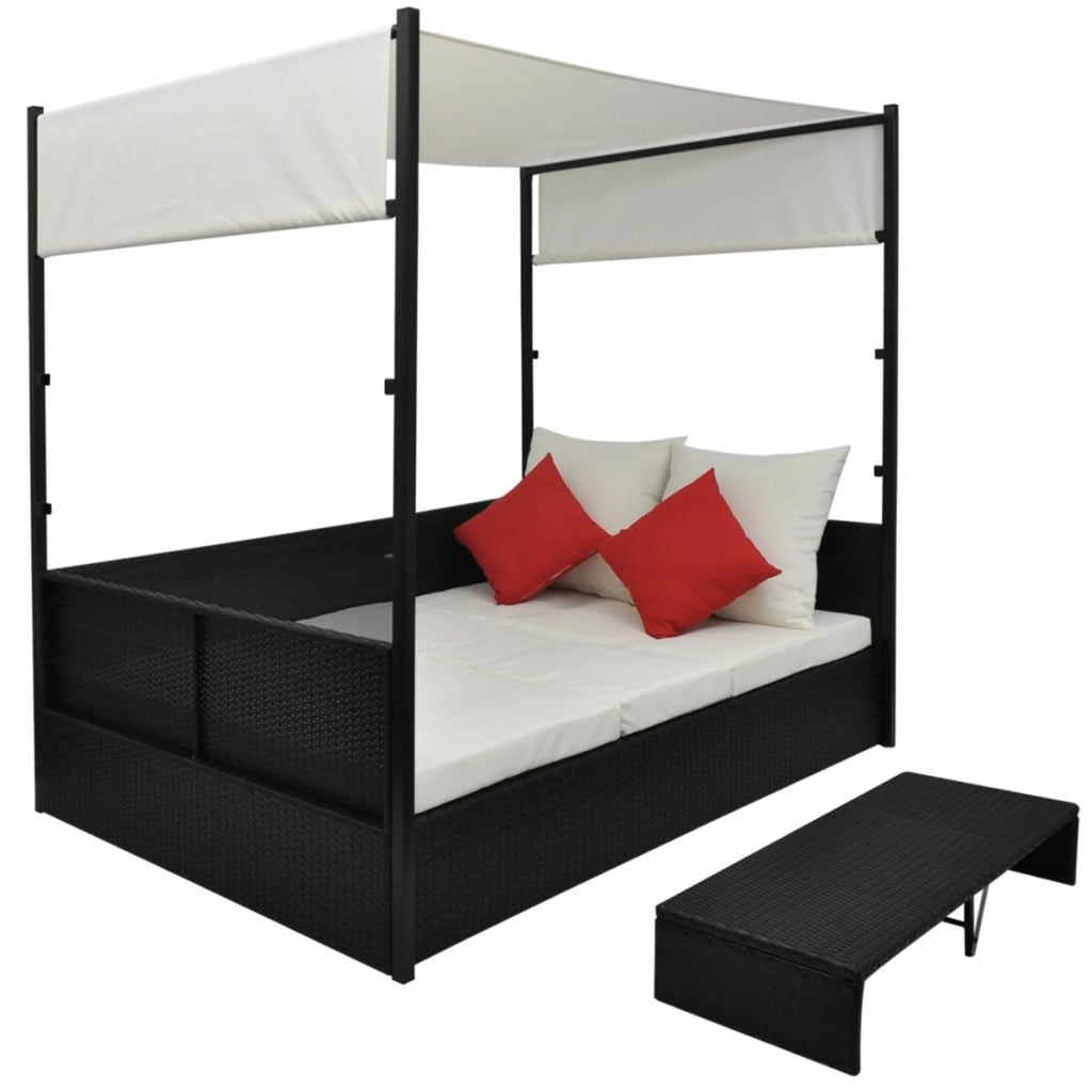 Black Poly Rattan 2-Person Sun Lounger with Canopy and Tea Table I28500