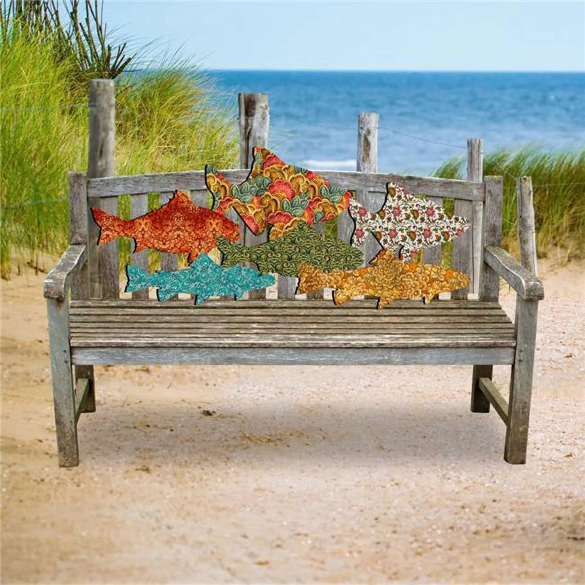 Quilted Coastal Fish Loveseat Rustic Bench R8466