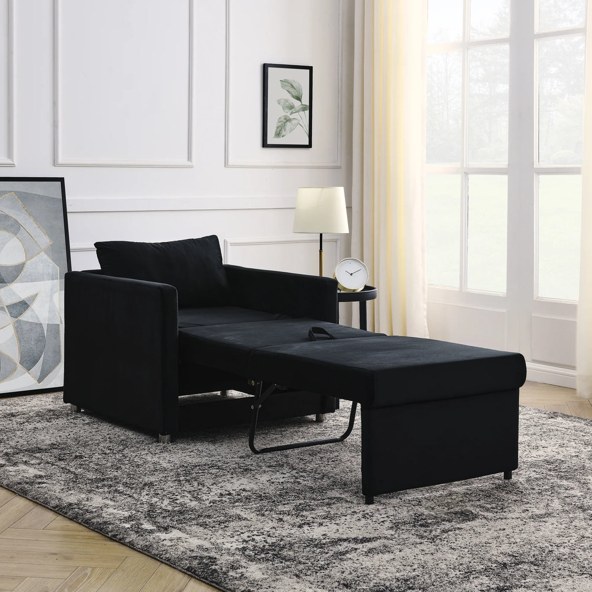 Black Velvet 2-in-1 Convertible Sofa Bed Chair with Pillow G80124