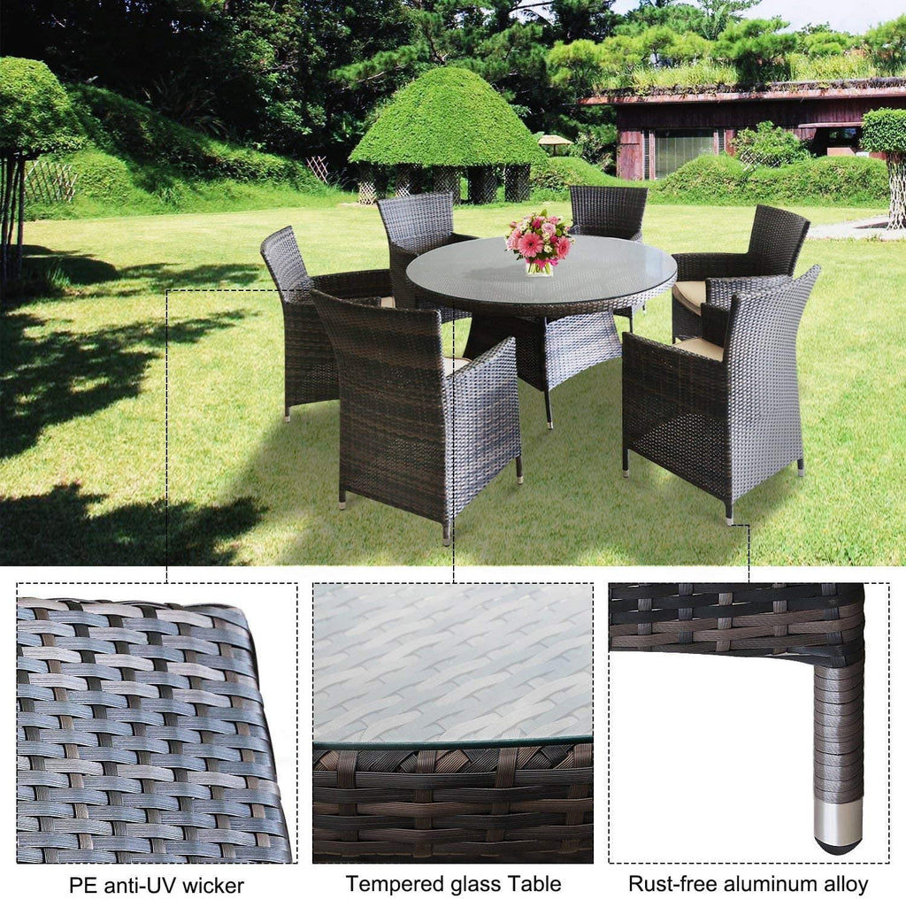 7 Pcs Wicker Patio Dining Set with Umbrella Hole Z2614