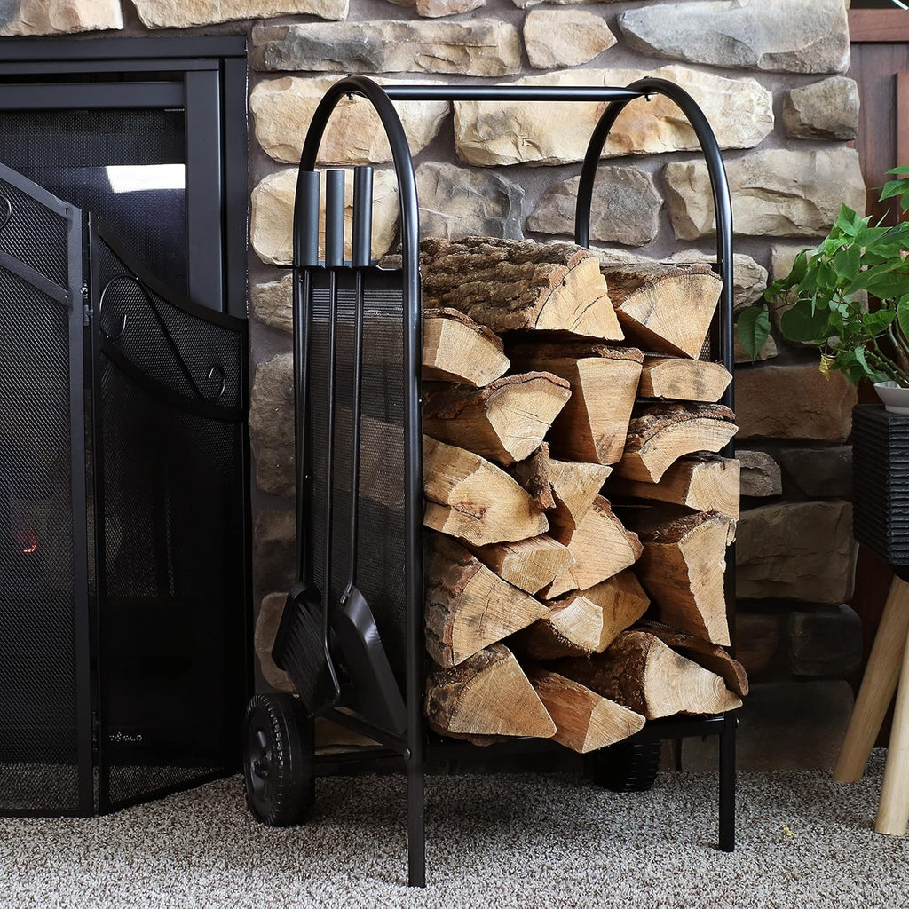 Wrought Iron Firewood Log Cart with Wheels and Tool Set H9300