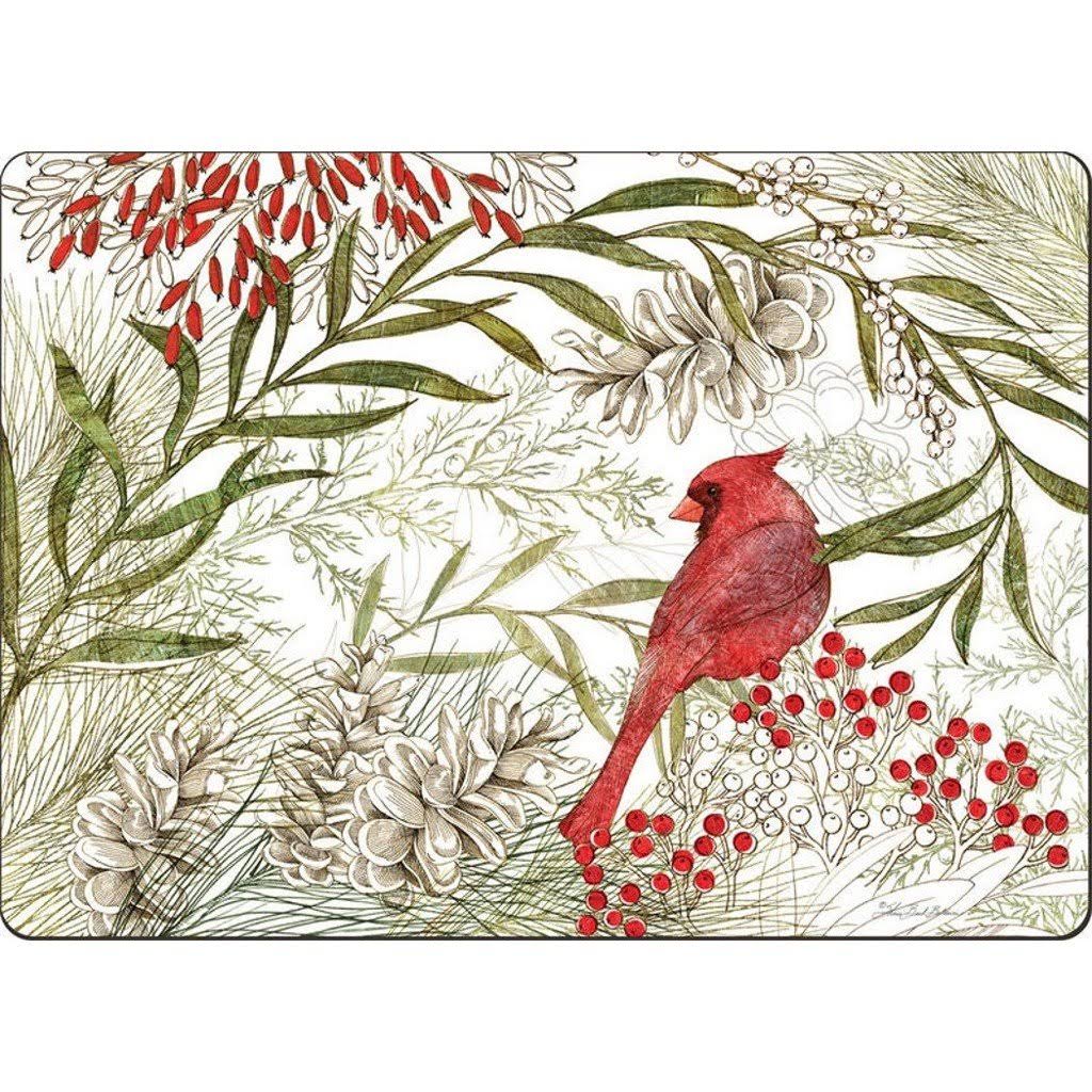 4 Hardboard Placemats Table Mats, Winter Greens with Cardinal X711