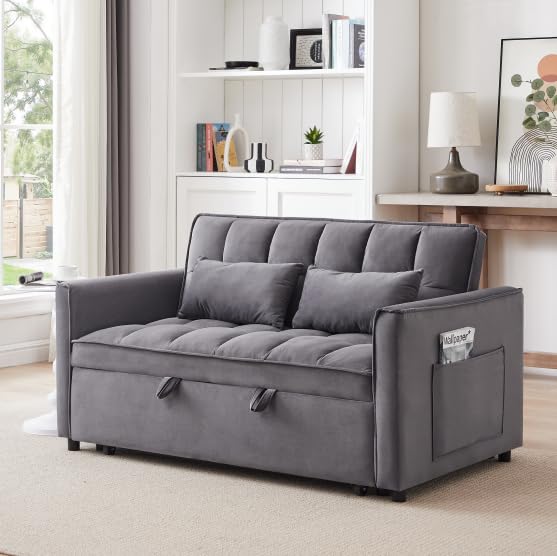 55.1" Blue Velvet Convertible Double Sleeper Sofa Bed L60489