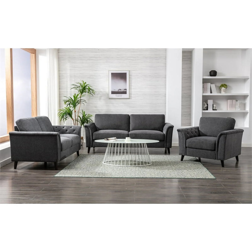 3-Piece Linen Fabric Sofa Set with Tufted Arms in Dark Gray V86396