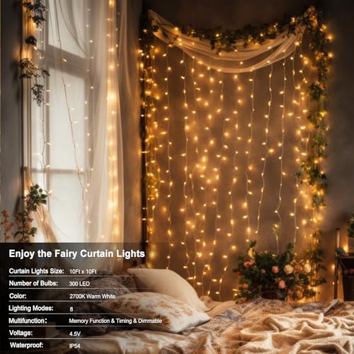 300 LED Battery Operated Curtain Lights with Remote Timer Warm White Y1417