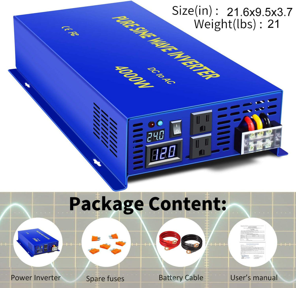 Pure Sine Wave Power Inverter 3500W 24V DC to AC 110V 120V with LCD Display P305