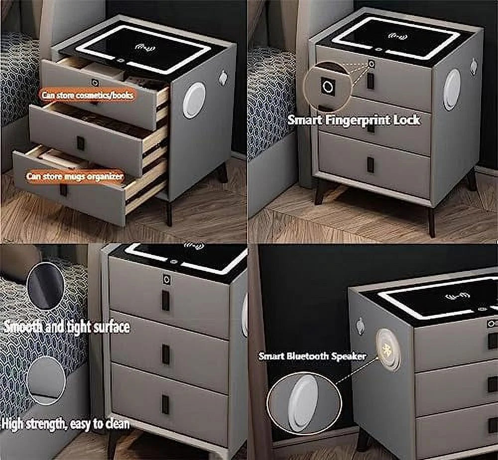 Smart Nightstand with Wireless Charging Station 3 Color LED Lights and Bluetooth Speaker 3 Drawers Y7826