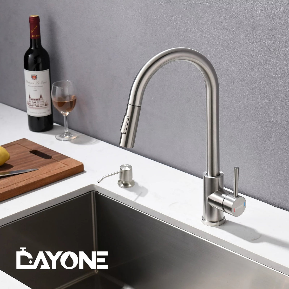 Brushed Nickel Kitchen Faucet with Sprayer and Soap Dispenser W950