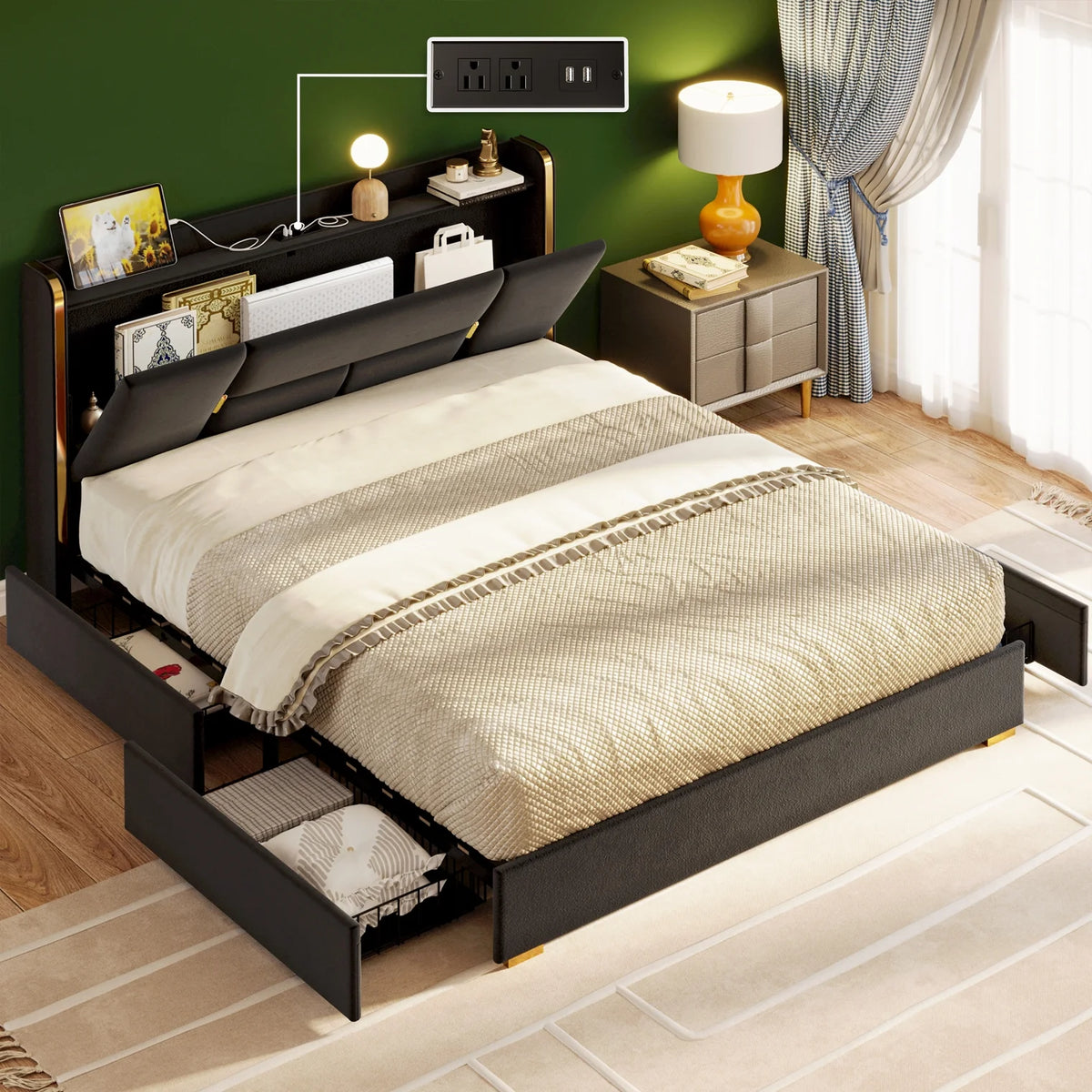 Queen Bed Frame with Storage Headboard and 4 Drawers V805117