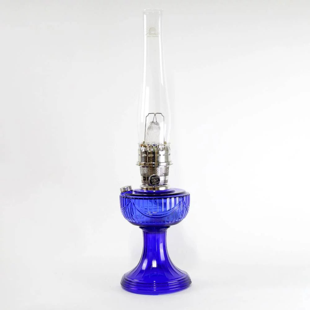 Cobalt Glass Non-Electric Oil Lamp with Blue Meadow Shade L29768