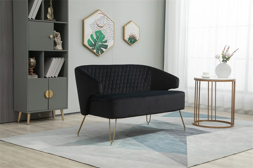Yellow Tufted Loveseat Sofa with Golden Metal Legs J1013