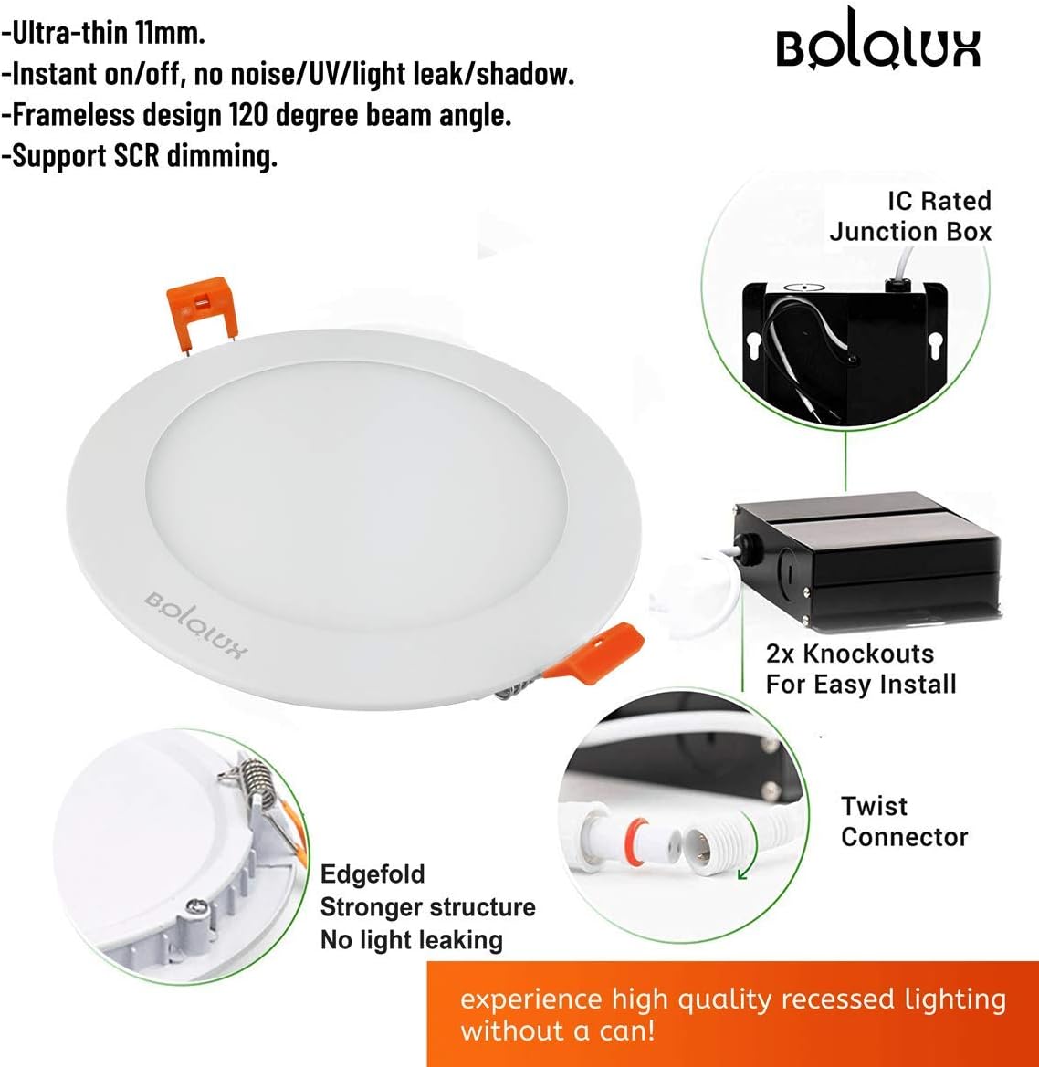 8-Pack 6 Inch Recessed LED 15W Slim Downlight with Junction Box Dimmable 5000K O565