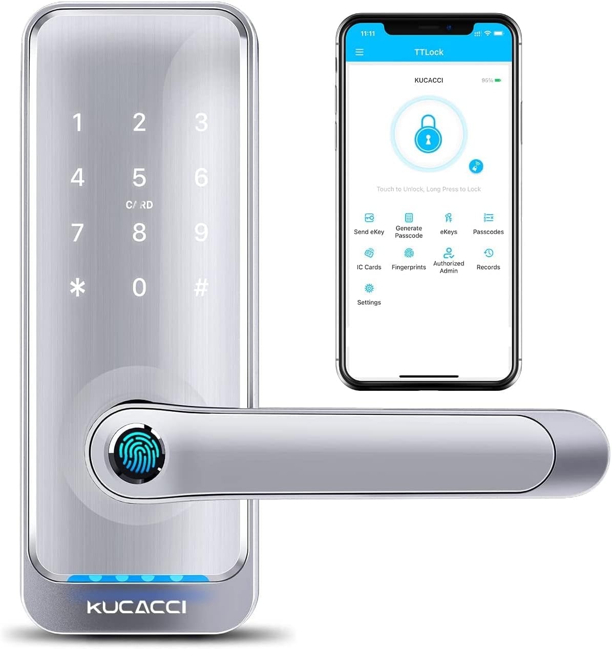 Smart Lock with Handle, Keyless Entry, Fingerprint, Silver P295
