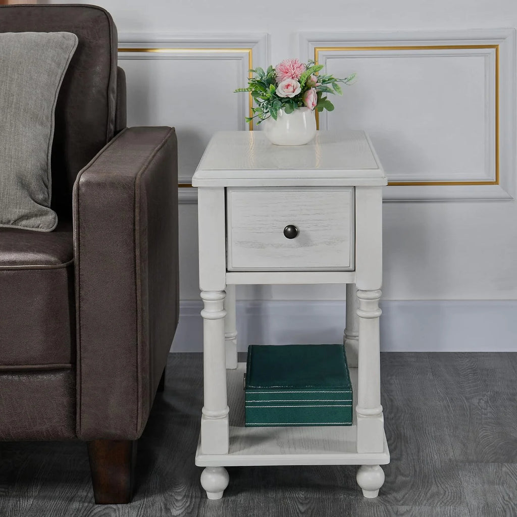 Narrow 2 Tier Solid Wood End Table with Drawer M788748