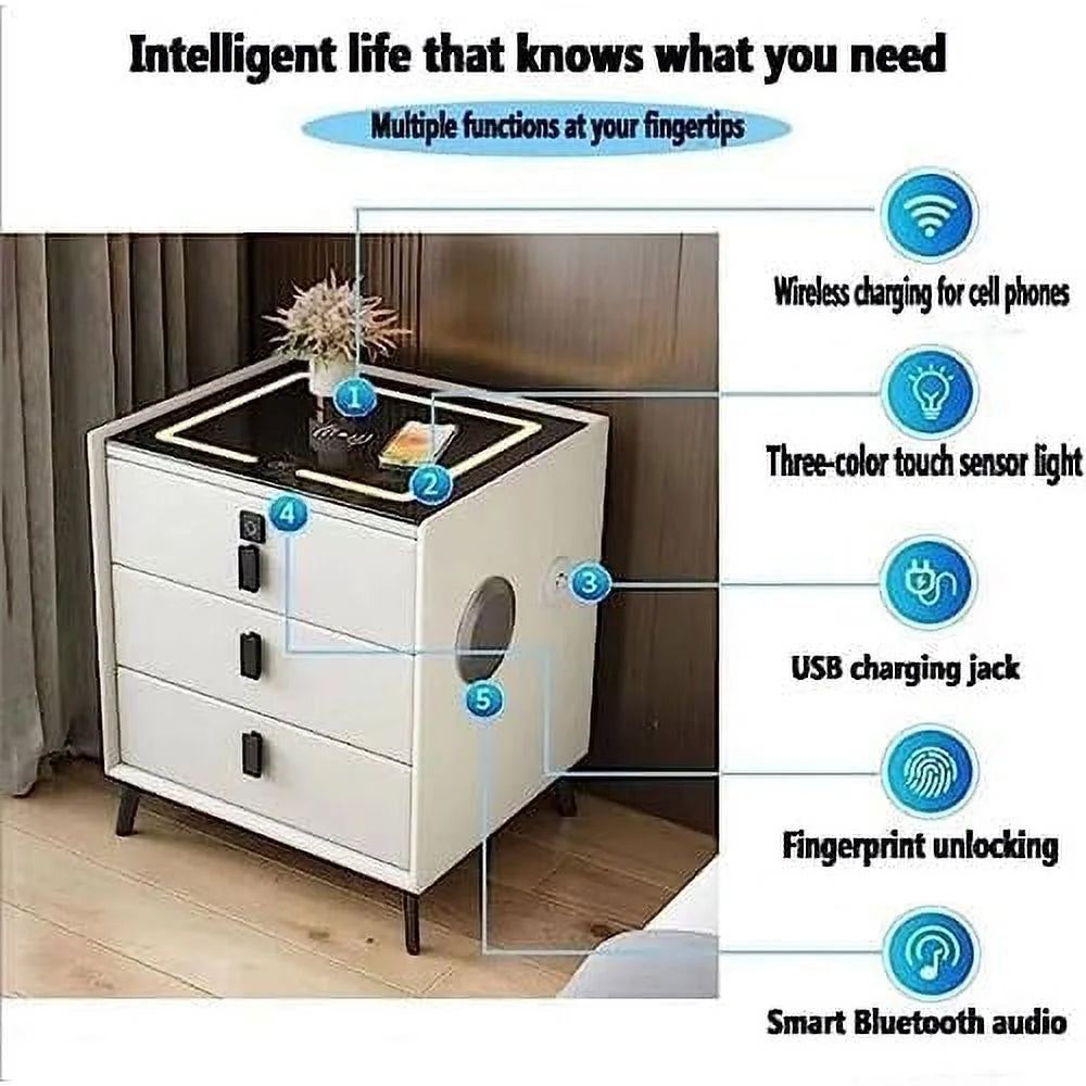 Smart Nightstand with Wireless Charging Station 3 Color LED Lights and Bluetooth Speaker 3 Drawers Y7826