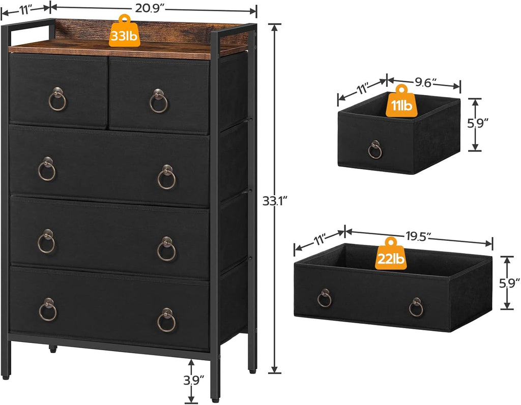 5 Drawer Dresser with Steel Frame and Wood Top R164364