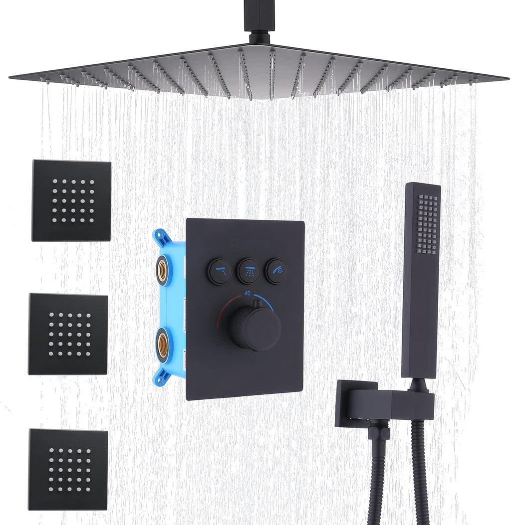 16 Inch Square Rain Showerhead with High Pressure Handheld and 3pcs Brass Full Body Spray Jets, Thermostatic Valve M6677