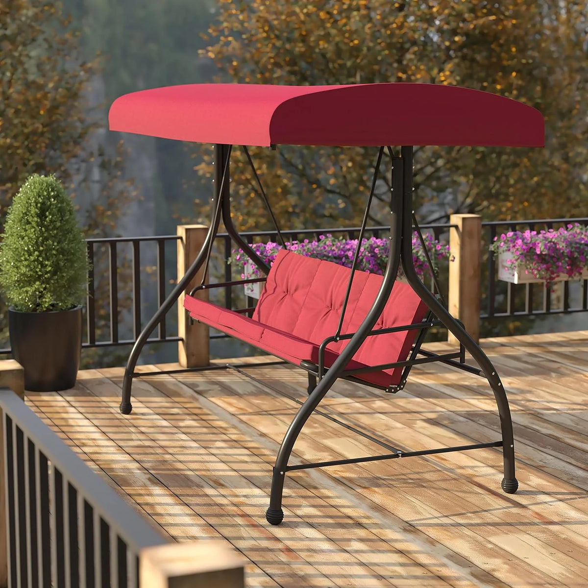 3-Seat Outdoor Steel Converting Patio Swing Canopy Hammock with Cushions K47867