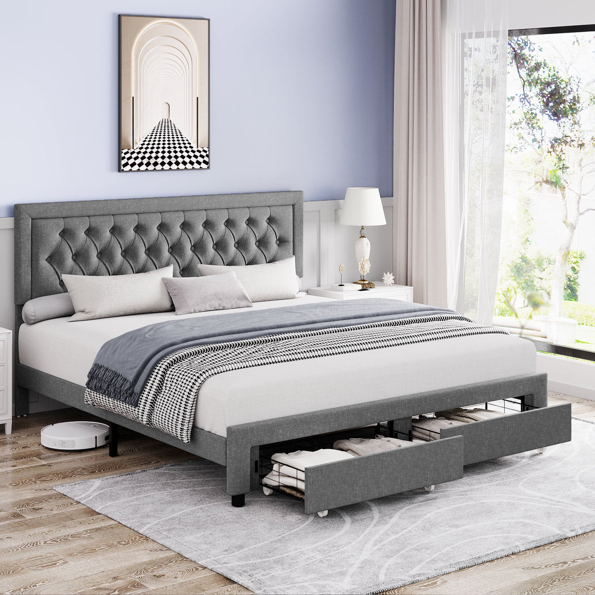 Queen Size Black PU Leather Upholstered Platform Bed Frame R2227