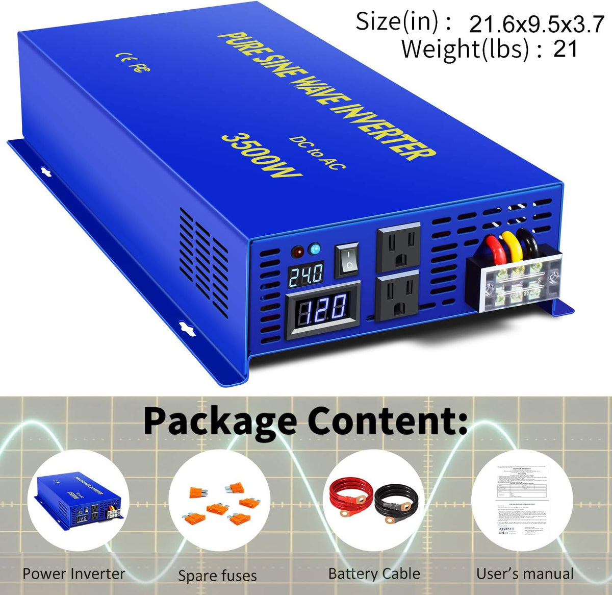Pure Sine Wave Power Inverter 3500W 24V DC to AC 110V 120V with LCD Display P305