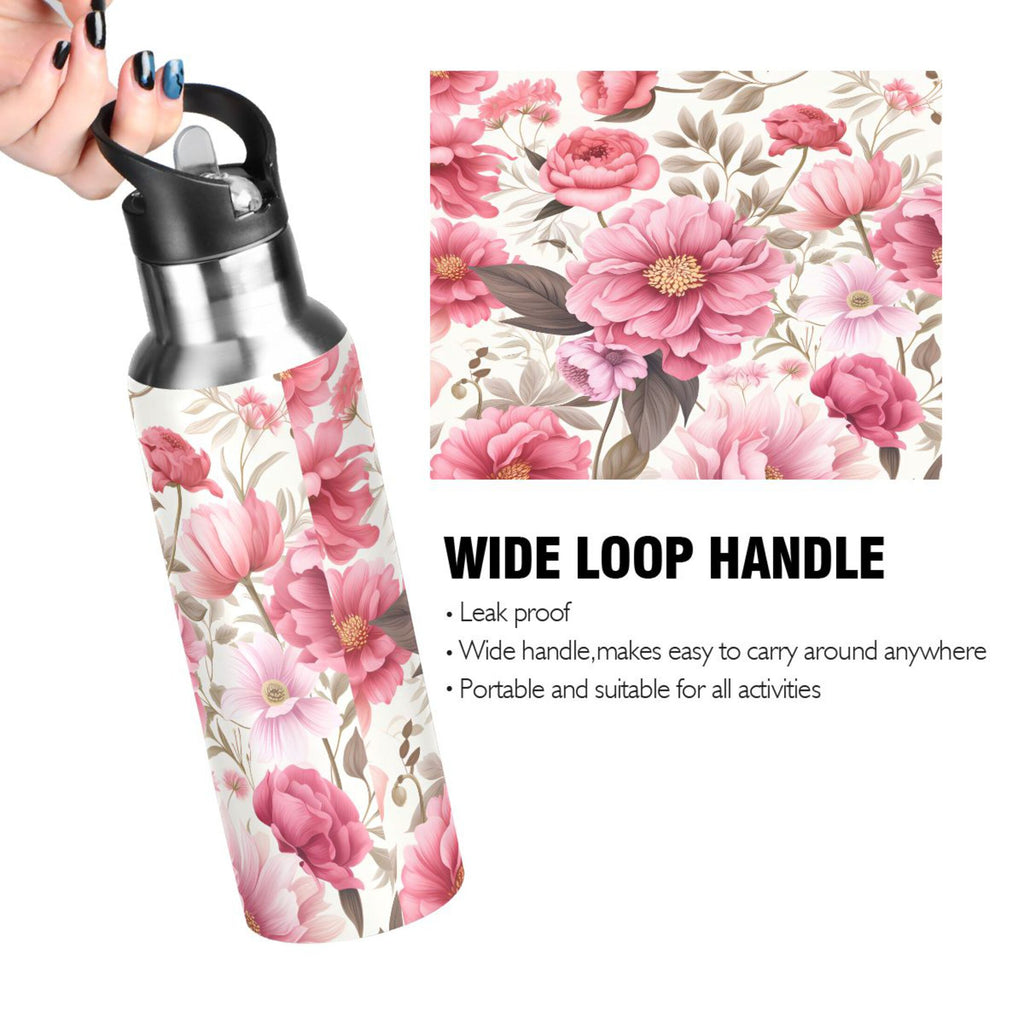 Pink Flowers Floral Print Stainless Steel Insulated Water Bottle with Straw Lid J109