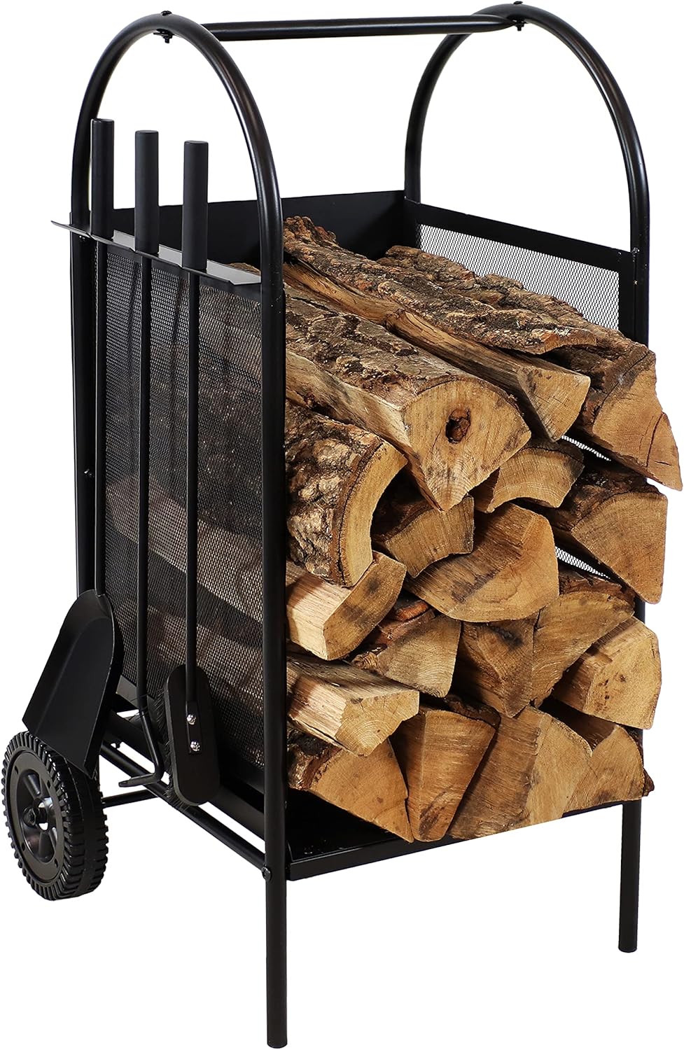 Wrought Iron Firewood Log Cart with Wheels and Tool Set H9300