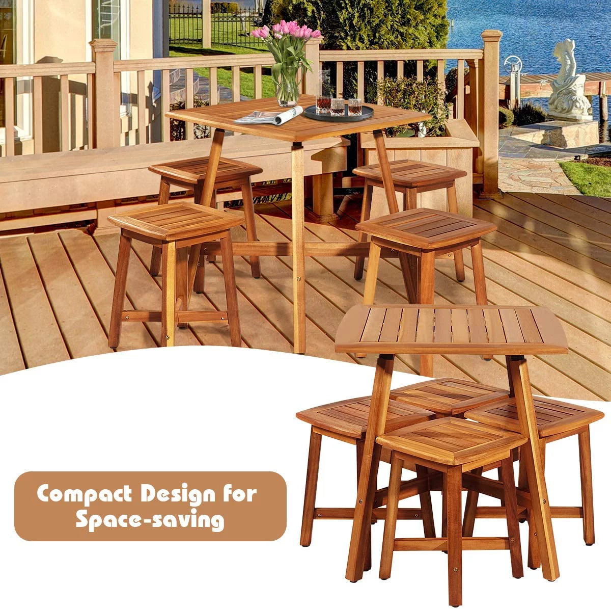 5 Piece Acacia Wood Patio Dining Furniture Set with 4 Stools U808
