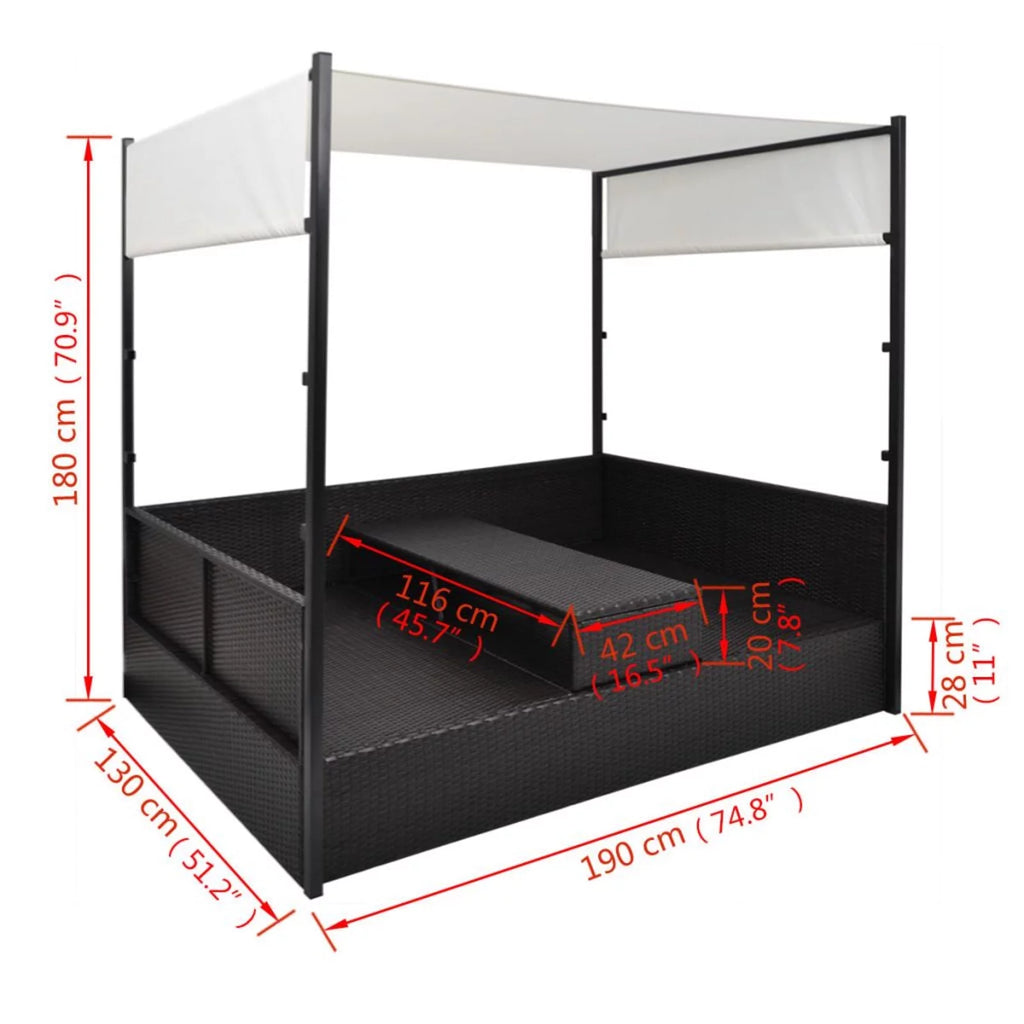 Black Poly Rattan 2-Person Sun Lounger with Canopy and Tea Table I28500