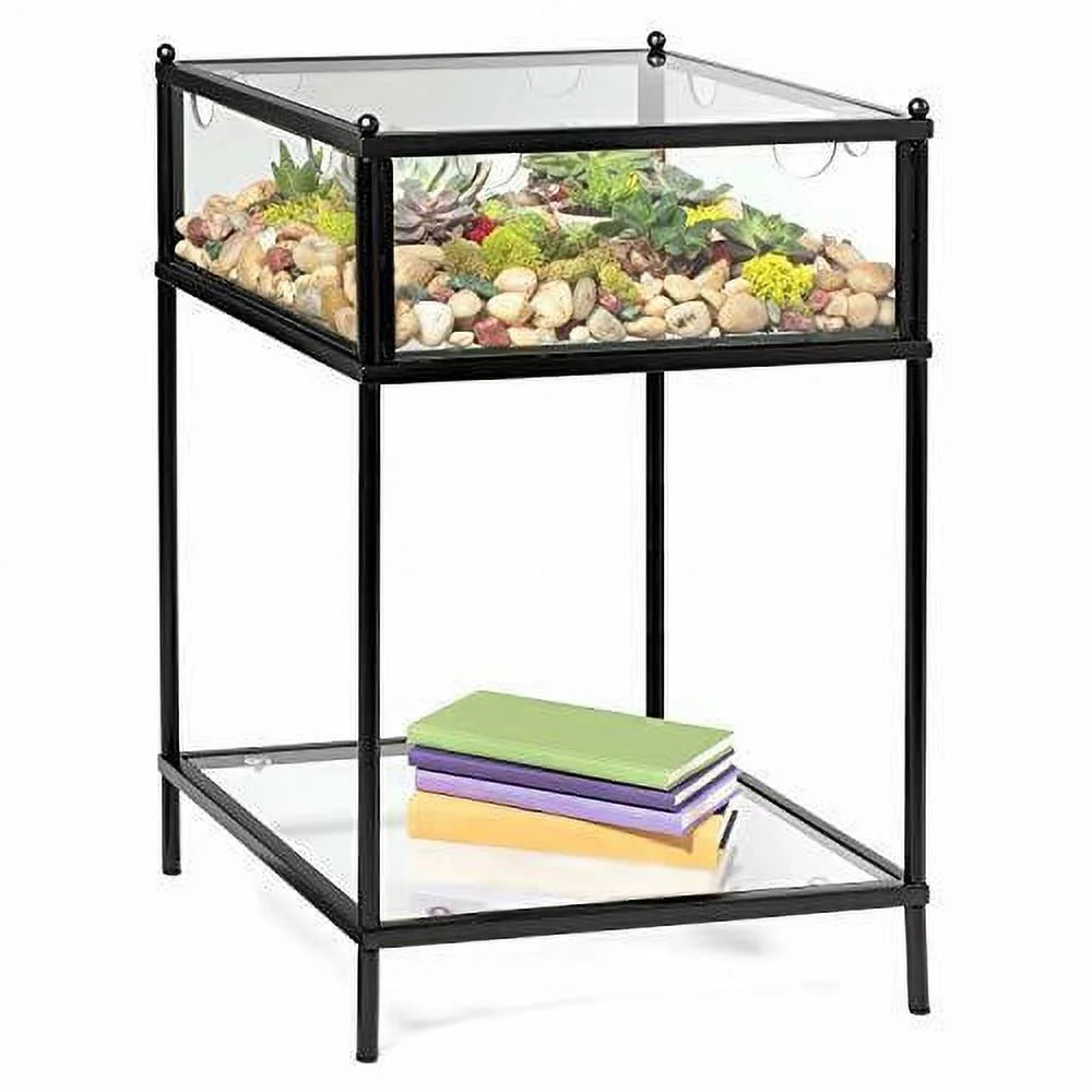 Black Iron Square Terrarium End Table with Reinforced Glass I8543