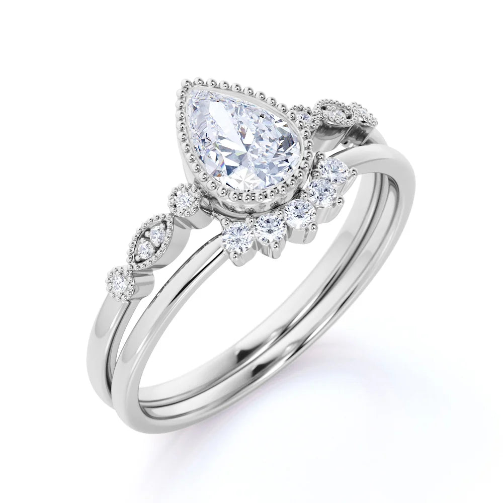 Vintage Pear Shaped Real Diamond Bezel Set Wedding Ring Set in 10k White Gold R26166
