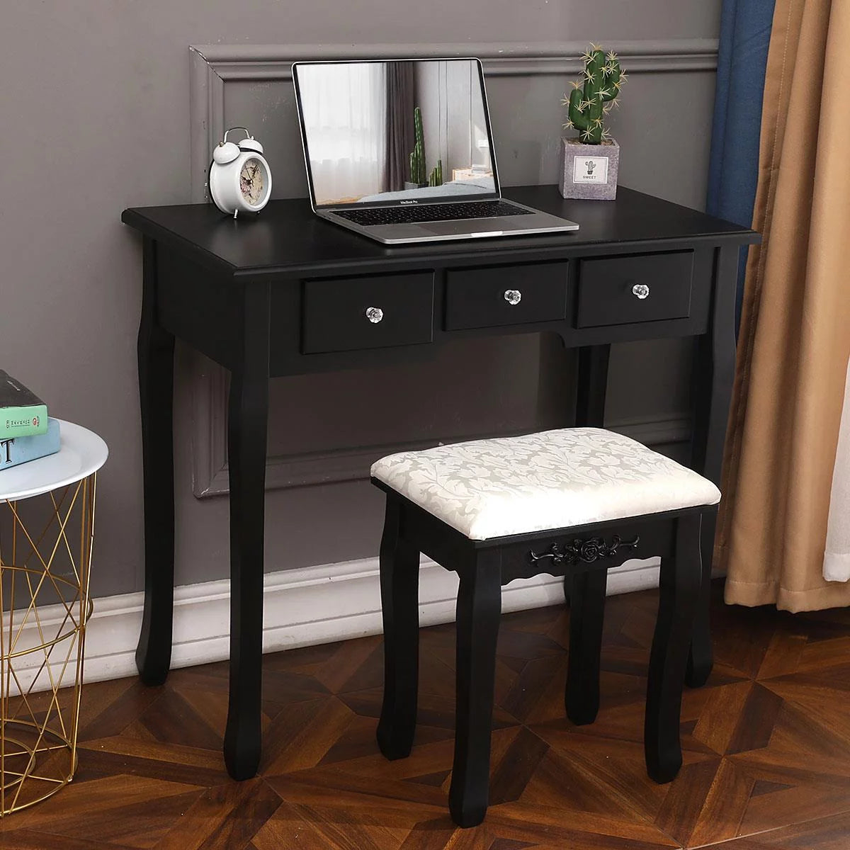 Black Vanity Makeup Dressing Table Set with Stool G898287