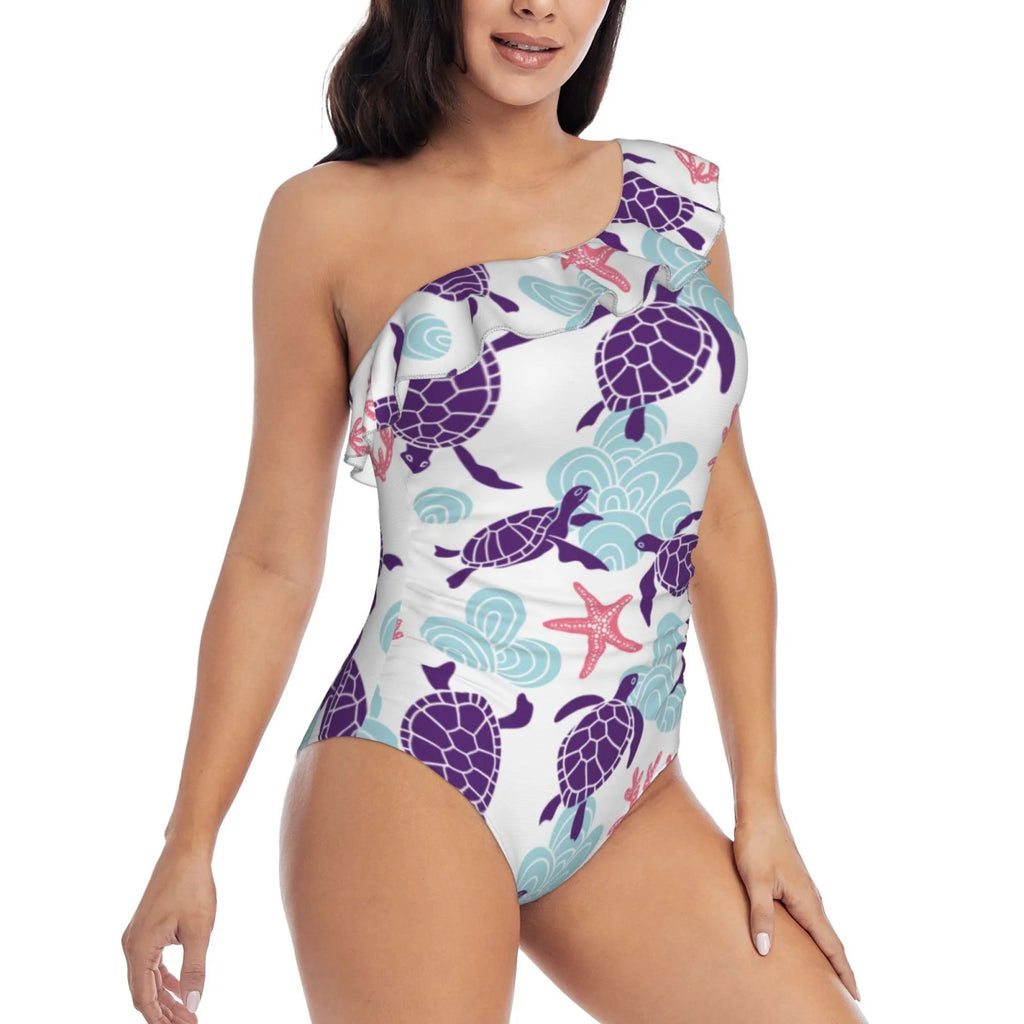 One Shoulder Ruffle Monokini Bathing Suits with Removable Chest Pad U820274