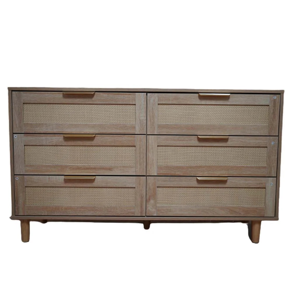 6 Drawer Natural Wood Dresser with Gold Handles J839