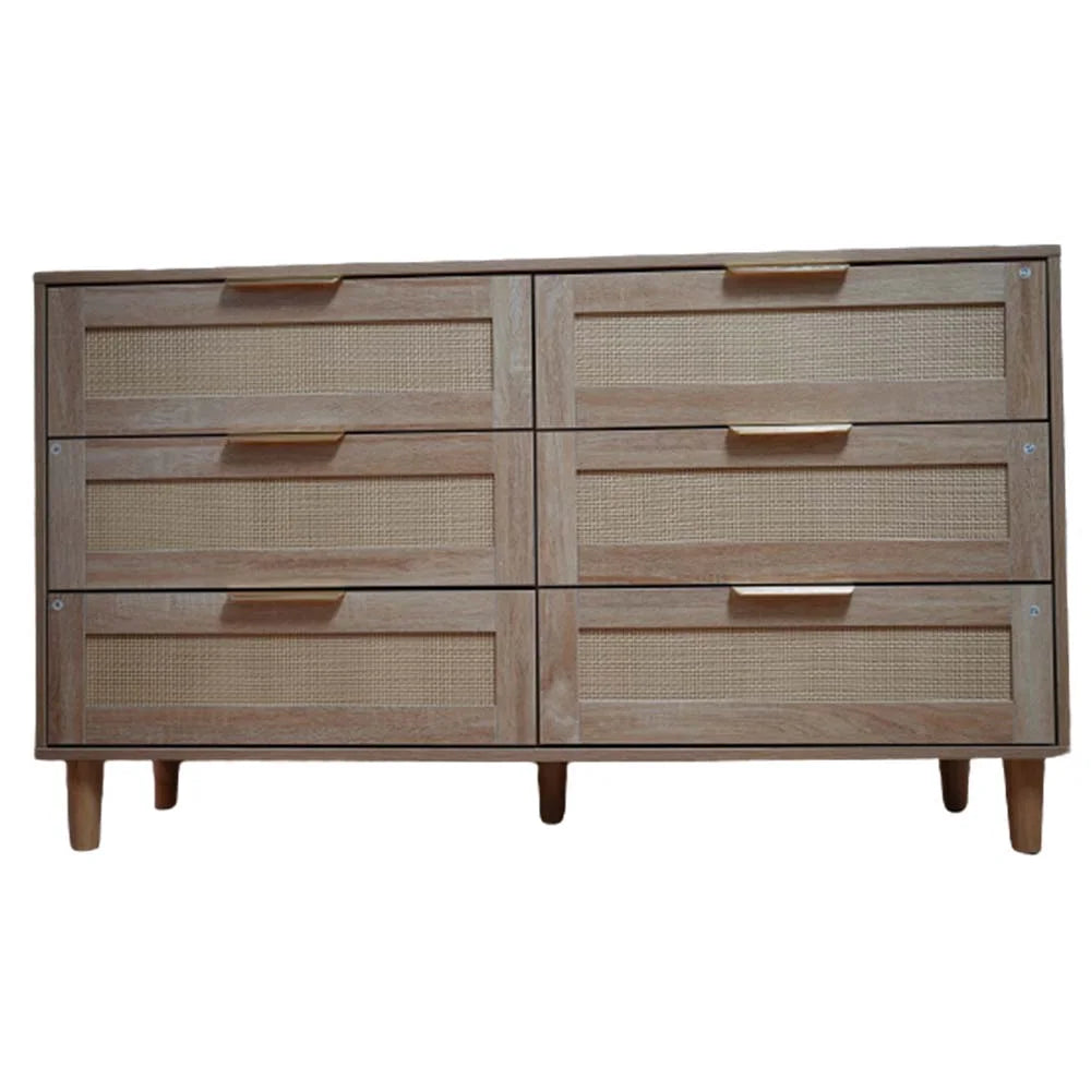 6 Drawer Natural Wood Dresser with Gold Handles J839