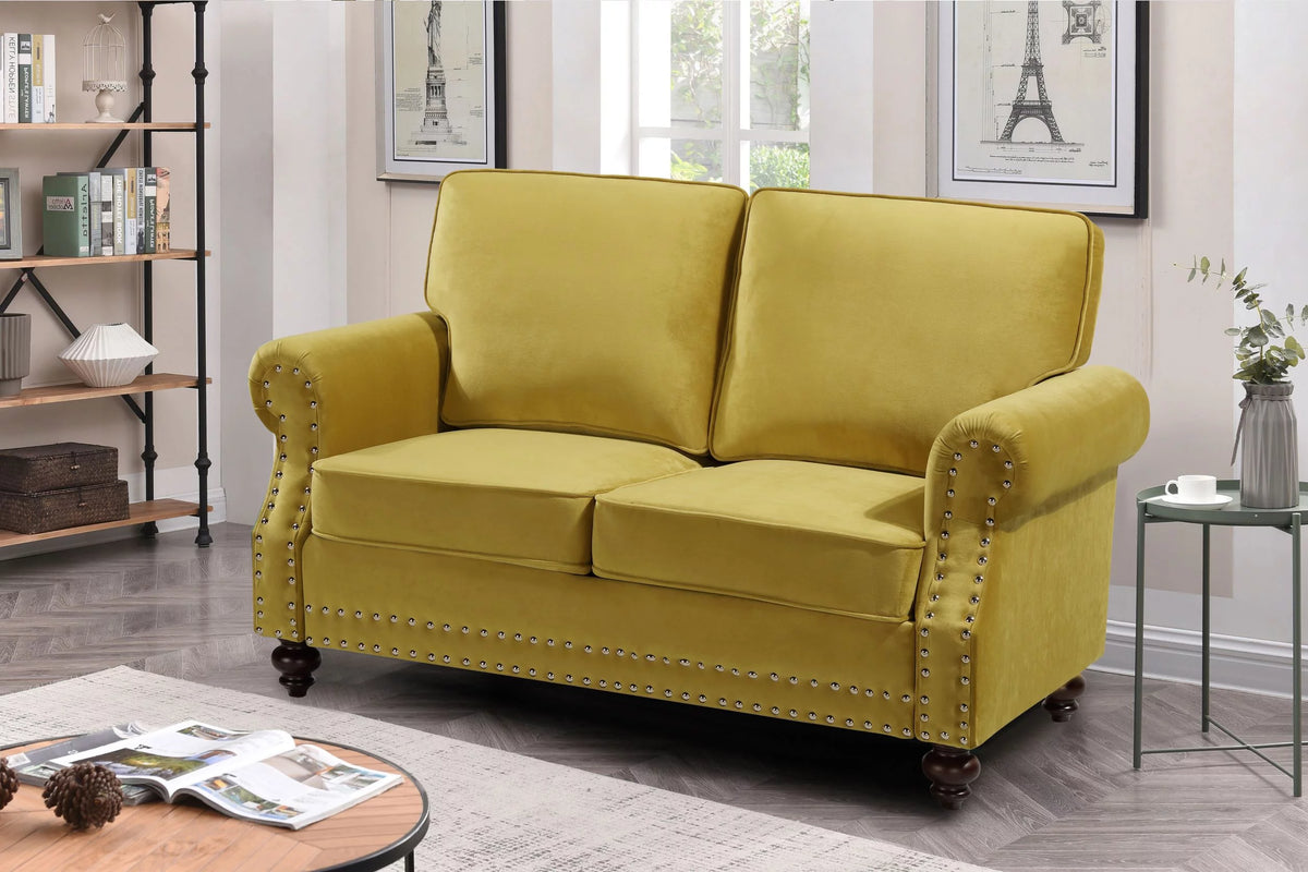 Yellow Velvet Rolled Arm Loveseat D7130