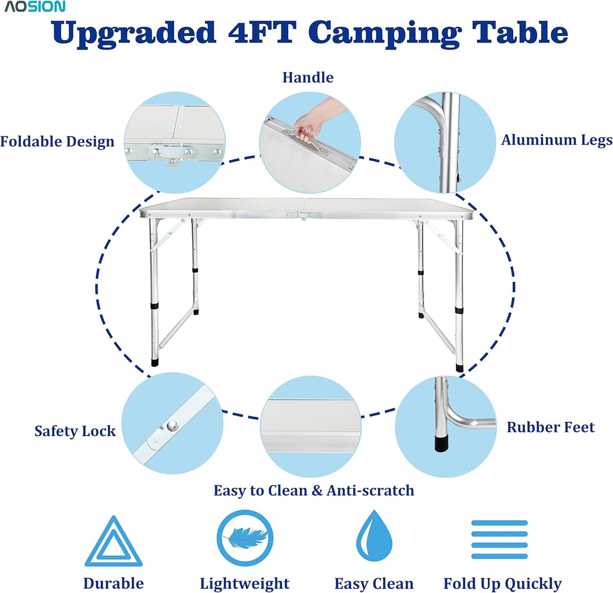 Folding Picnic Table, 4FT Aluminum Portable Table with Handle A9516