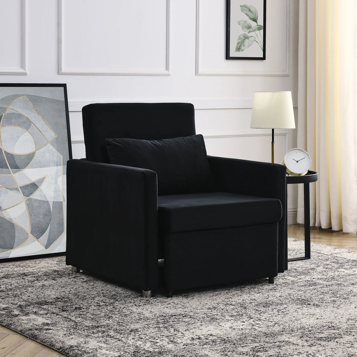 Black Velvet 2-in-1 Convertible Sofa Bed Chair with Pillow G80124