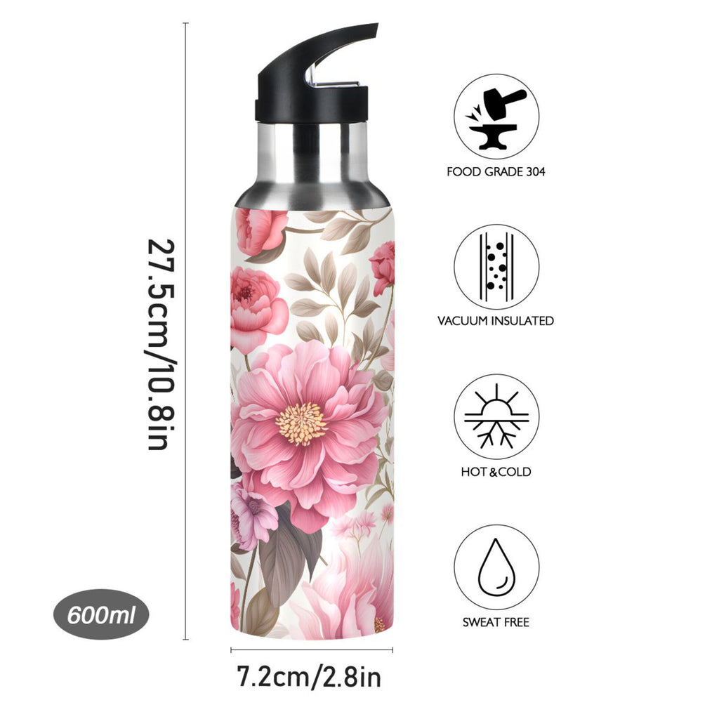 Pink Flowers Floral Print Stainless Steel Insulated Water Bottle with Straw Lid J109